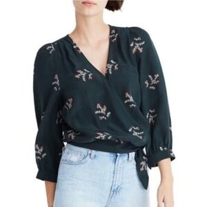 Madewell Silk Wrap Top Forest Green Floral 3/4 Sleeve Blouse Romantic Size Small